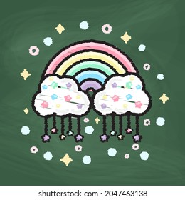 Rainbow and cloud Icon design, Colorful chalk. Draw a picture on the blackboard.