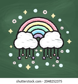 Rainbow and cloud Icon design, Colorful chalk. Draw a picture on the blackboard.