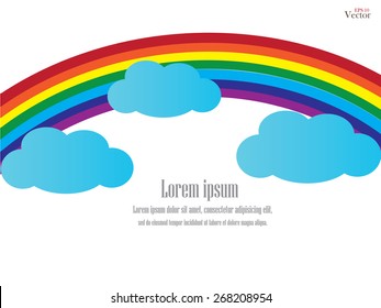 Rainbow with cloud on blue background.