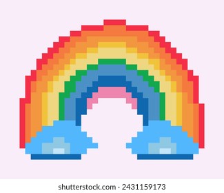 Rainbow and cloud pixel art isolated on background. Colorful cartoon vector illustration