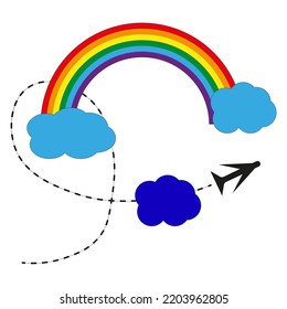 Rainbow cloud plane in fantasy style. Travel transport concept. Vector illustration. stock image.