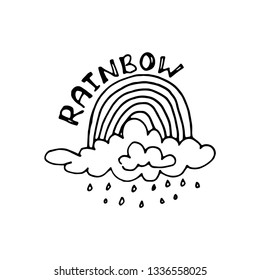 Rainbow with cloud and rain. Cute hand drawn weather icon. Doodle vector collection