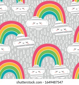 Rainbow, Cloud and Rain Drop Cute Seamless Pattern, Cartoon Vector Illustration, Cartoon Background