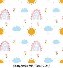 Rainbow, cloud with rain. Seamless pattern for sewing children clothing and printing on packaging paper. Endless wallpapers for the nursery. Baby cartoon illustration.