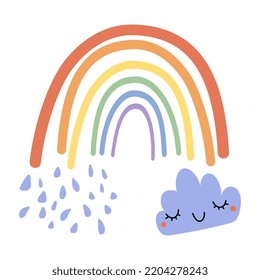 Rainbow with cloud and raindrops vector illustration isolated on white background Hand drawn childish card with cute funny elements Flat cartoon style