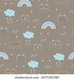 rainbow and cloud seamless pattern design with cute animal