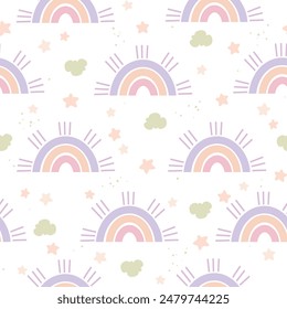 Rainbow, cloud and star childish seamless vector pattern. Fun design. Cute scandi background for kids room decor, nursery art, apparel, gift, fabric, textile, wrapping paper, wallpaper, packaging.