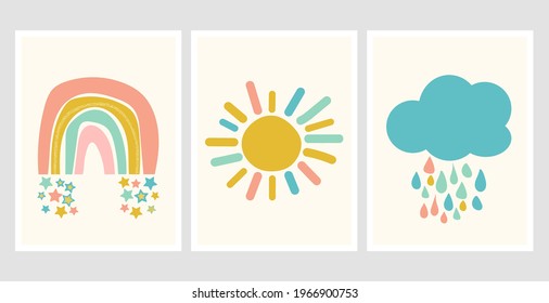 Rainbow, cloud and sun. Cute posters in scandinavian style. Childish drawing for nursery design. Cartoon fun rainbow. Bright doodle hand-drawn illustration. Scandinavian nursery design.