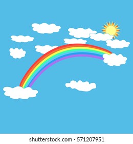 Rainbow cloud, sun on sky. Illustration colorful spectrum arc. Colorful symbol spring, summer, rain. Color bow mark clean nature. Template for t shirt, card, poster. Design element Vector illustration