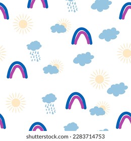 Rainbow, cloud, sun seamless pattern for newborns. Cute and delicate design for the youngest children.