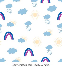 Rainbow, cloud, sun seamless pattern for newborns. Cute and delicate design for the youngest children.