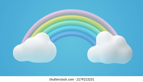 Rainbow with clouds in 3D vector style. Modern design of children's illustration