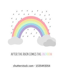 Rainbow with clouds. After the rain comes the rainbow. Motivational lettering, greeting card. Vector illustration.