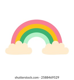 A rainbow with clouds in the background. The rainbow is bright and colorful, and the clouds are fluffy and white. Scene is cheerful and uplifting