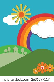 rainbow and clouds background. Paper pastel colored rainbow. Vector art and illustration