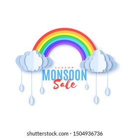 Rainbow and clouds with bangle falling drops in paper cut style. Vector cloudy weather concept isolated on white background. Monsoon sale advertising promotion creative banner template.