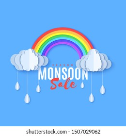 Rainbow and clouds with bangle falling drops in paper cut style. Vector cloudy weather concept isolated on blue background. Monsoon sale advertising promotion creative banner template.