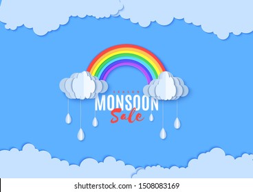 Rainbow and clouds with bangle falling drops in paper cut style. Vector cloudy weather concept isolated on blue background. Monsoon sale advertising promotion creative banner template.