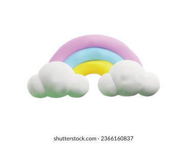 Rainbow in the clouds banner design. Summer object for holiday poster or weather forecast banner, 3D realistic render vector illustration isolated on white background.