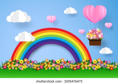  Rainbow and clouds , beautiful flower , paper art style, heart in the sky