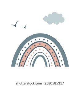 Rainbow with clouds and birds. Flat style. Vector.