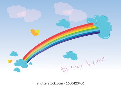 rainbow with clouds and birds stay home coronavirus