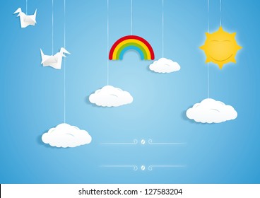 Rainbow, clouds, birds and sun toys. Vector illustration