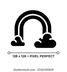 Rainbow and clouds black glyph icon. Symbolizing optimism, hope and weather phenomena. Colorful light after rain. Silhouette symbol on white space. Solid pictogram. Vector isolated illustration