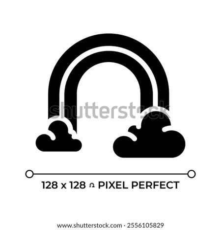 Rainbow and clouds black glyph icon. Symbolizing optimism, hope and weather phenomena. Colorful light after rain. Silhouette symbol on white space. Solid pictogram. Vector isolated illustration