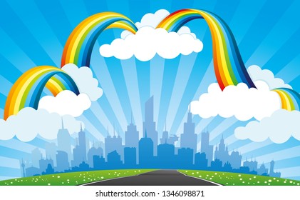 Rainbow with clouds in the blue sky and city on the horizon.