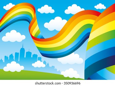 Rainbow and clouds in the blue sky and the city on the horizon.