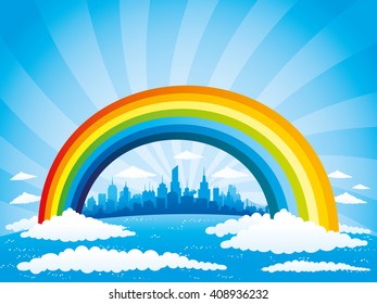 Rainbow and clouds in the blue sky and the city on the horizon.