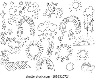 
Rainbow, clouds boho style, hearts, moon, sun. Graphic hand-drawn illustration, vector. Doodle sketch. Print, textile