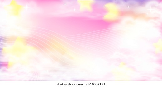 Nubes de arco iris Bokeh. Anuncio Horizontal de la fiesta de la princesa. Fondo de cielo de unicornio con estrellas y luna. Ilustración vectorial de archivo en estilo realista de dibujos animados.
