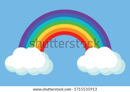 Rainbow with clouds. Bright vector illustration on blue sly background.