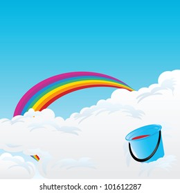 Rainbow in the clouds and a bucket of red paint. Vector illustration.