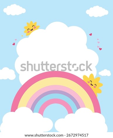 Rainbow with clouds and butterflies, symbolizing happiness, positivity, nature’s beauty, childhood fantasy, and cheerful playful joy.
