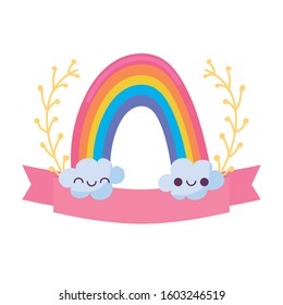 rainbow with clouds cartoon design, Kawaii expression cute character funny and emoticon theme Vector illustration