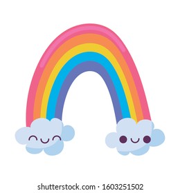 rainbow with clouds cartoon design, Kawaii expression cute character funny and emoticon theme Vector illustration