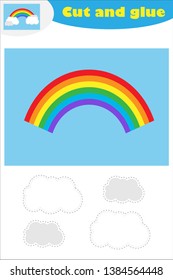 Rainbow with clouds cartoon, education game for the development of preschool children, use scissors and glue to create the applique, cut parts of the image and glue on the paper, vector illustration