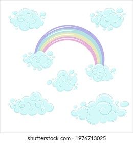 Rainbow and clouds in cartoon style. Cute block with curls and multicolored rainbow. Vector illustration EPS10.