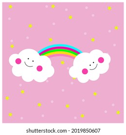 Rainbow with  clouds in childish scandinavian style style isolated on white background. Perfect for kids, posters, prints, cards, fabric. Vector.
