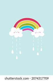 Arcoiris con nubes de estilo infantil. Para el afiche de la guardería, tarjeta de saludo, invitación, cartel, ilustración, impresión. Para el cumpleaños, la ducha de bebé, la sala de decoración para niños. Colorida ilustración de moda.