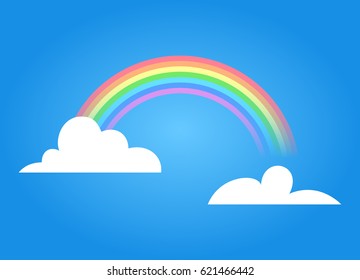 Rainbow with clouds. Colored rainbow with clouds. Vector cartoon illustration isolated on blue sky. Summer symbol. Design for decoration children room interior and poster