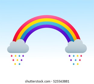 Rainbow and clouds, colorful drop raining on blue sky, vector illustration