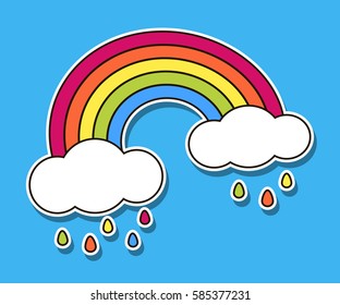 Rainbow and clouds, colorful drop raining isolated on blue. Cute cartoon vector design. Banner, poster, sticker, patch badge, lgbt symbol. Decoration element for baby, children room interior