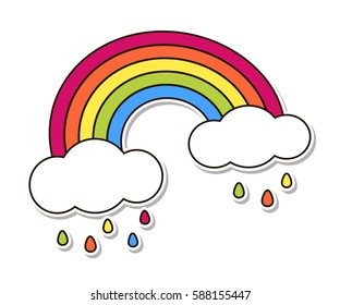 Rainbow and clouds, colorful drop raining isolated on white. Cute cartoon vector design. Banner, poster, sticker, patch badge, lgbt symbol. Decoration element for baby, girl, children room interior