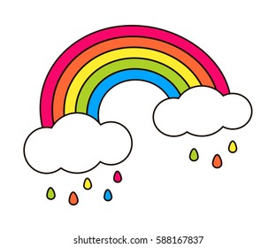 Rainbow and clouds, colorful drop raining isolated on white. Cute cartoon vector design. Banner, poster, sticker, patch badge, lgbt symbol Decoration element for girl baby, children room interior