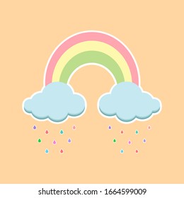 Rainbow ,clouds and colorful water droplets isolated on orange pastel background.Design for print or screen backdrop ,tile ,wallpaper or card.Rainy day concept.Vector.Illustration.