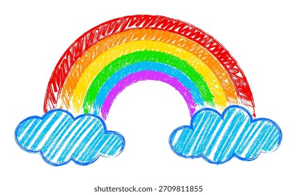 Arco iris con nubes lápiz de crayón dibujado a mano dibujo de tiza. Ilustración vectorial en estilo sketch infantil con textura de tiza pastel.